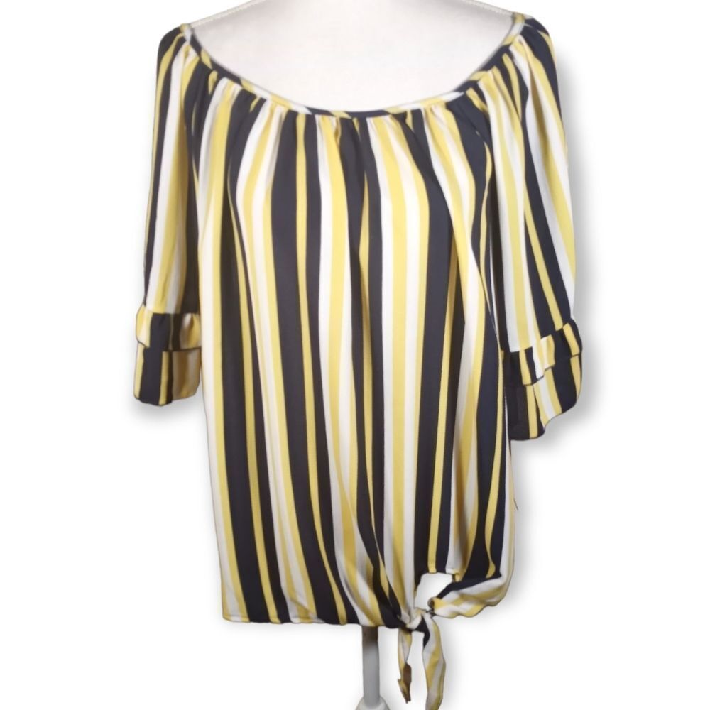 UNIQUE SPECTRUM YELLOW, WHITE, & NAVY OFF-THE-SHOULDER BLOUSE SZ.3X EUC